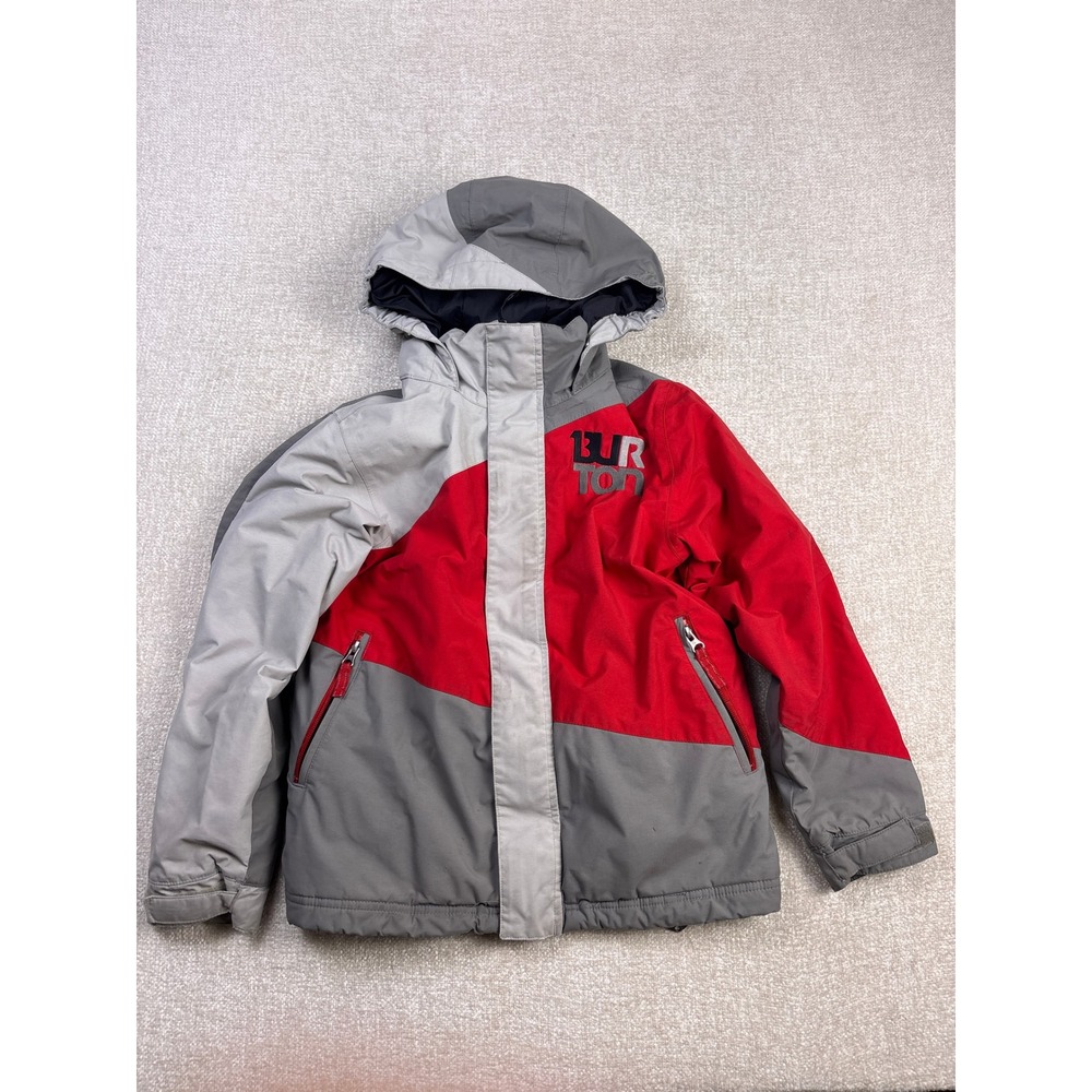 Burton Dryride Kids Snow Jacket Red Grey Colorblock Hooded Ski Coat Size S 7/8